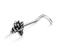 Rose with Leaf Shaped Silver Curved Nose Stud NSKB-755